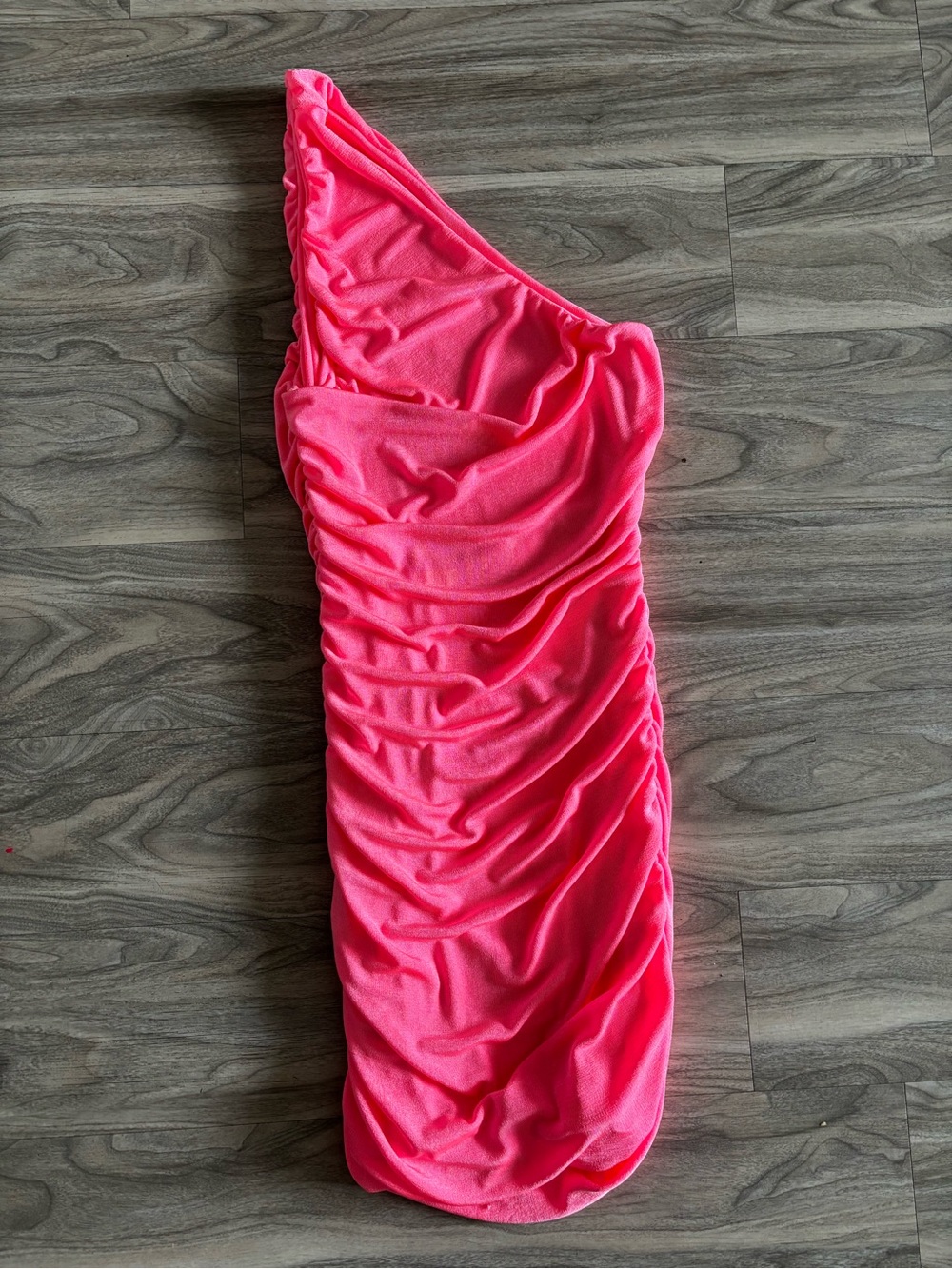 One-Shoulder Neon Pink Ruched Bodycon Dress